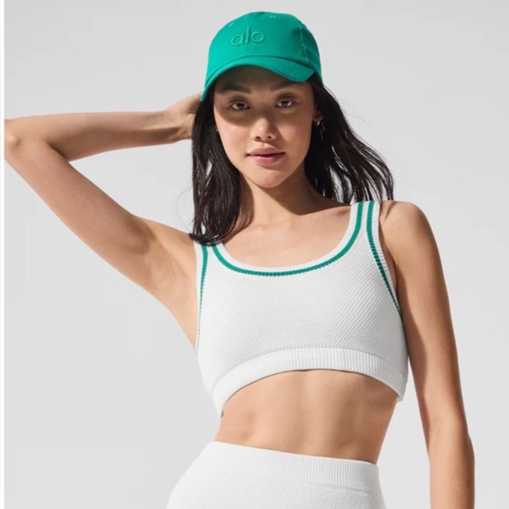 ALO Yoga White Sports Bra with Green Accents